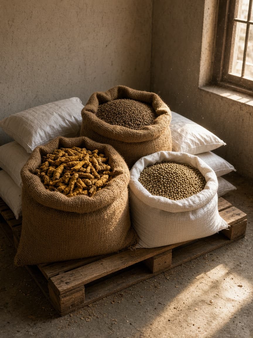 Indian turmeric, cumin, and coriander lots packed in jute and PP bags